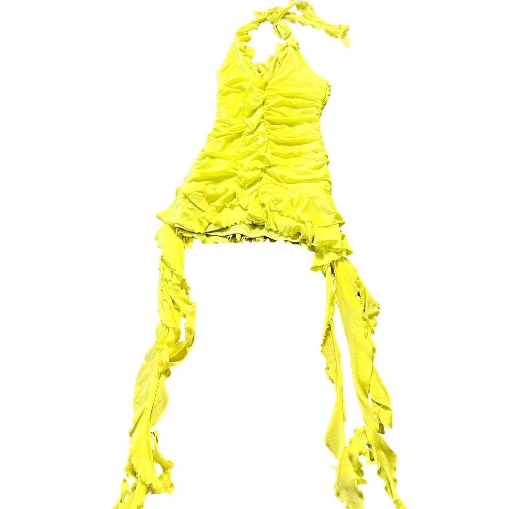 Shein Ruffle Trim Halter Neck Backless Bodycon Mini Dress Party Yellow Women's S